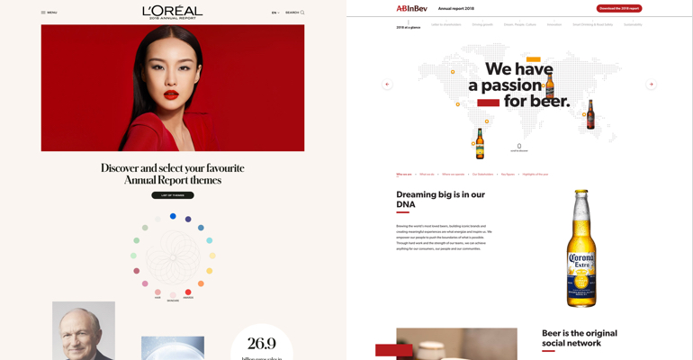Loréal Paris Annual Report 2018 (links), ABInBev 2018 at Glance (rechts)